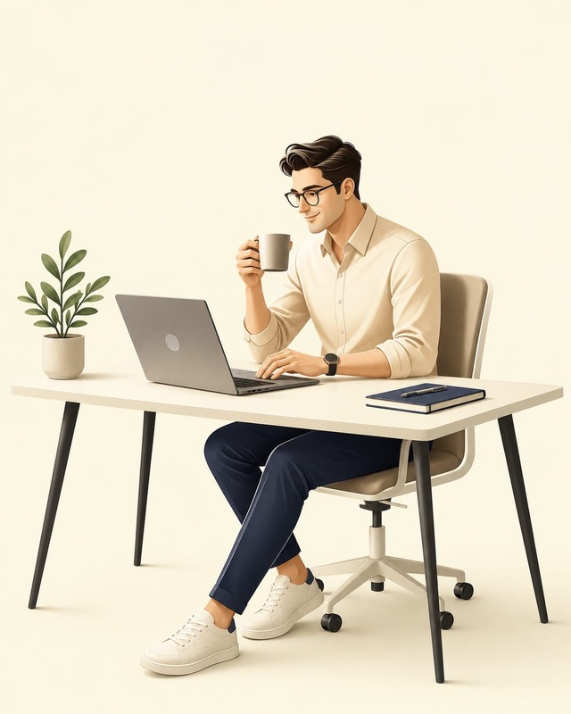 Ilustração de um homem trabalhando no notebook com uma xícara
